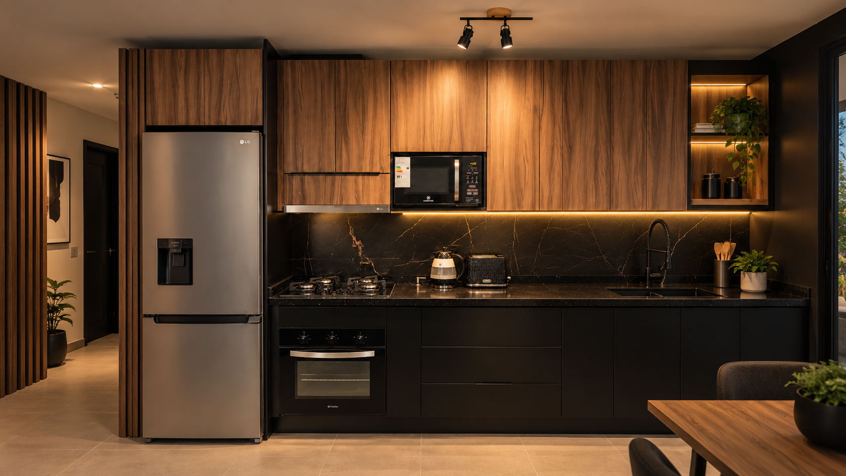 Cocina personalizada GT Home Design en madera nogal y negro mate, con cubierta de mármol oscuro e iluminación LED cálida