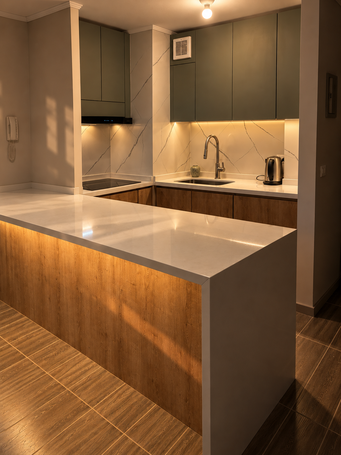 Cocina personalizada GT Home Design terminada, con cubierta clara e iluminación cálida