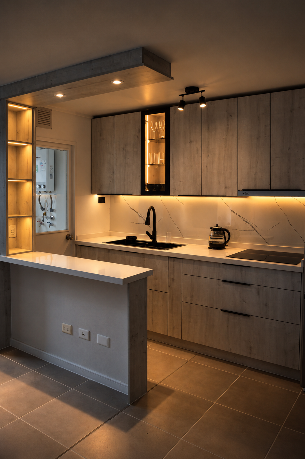 Vista general de la cocina personalizada con isla, muebles de madera de roble y nichos iluminados